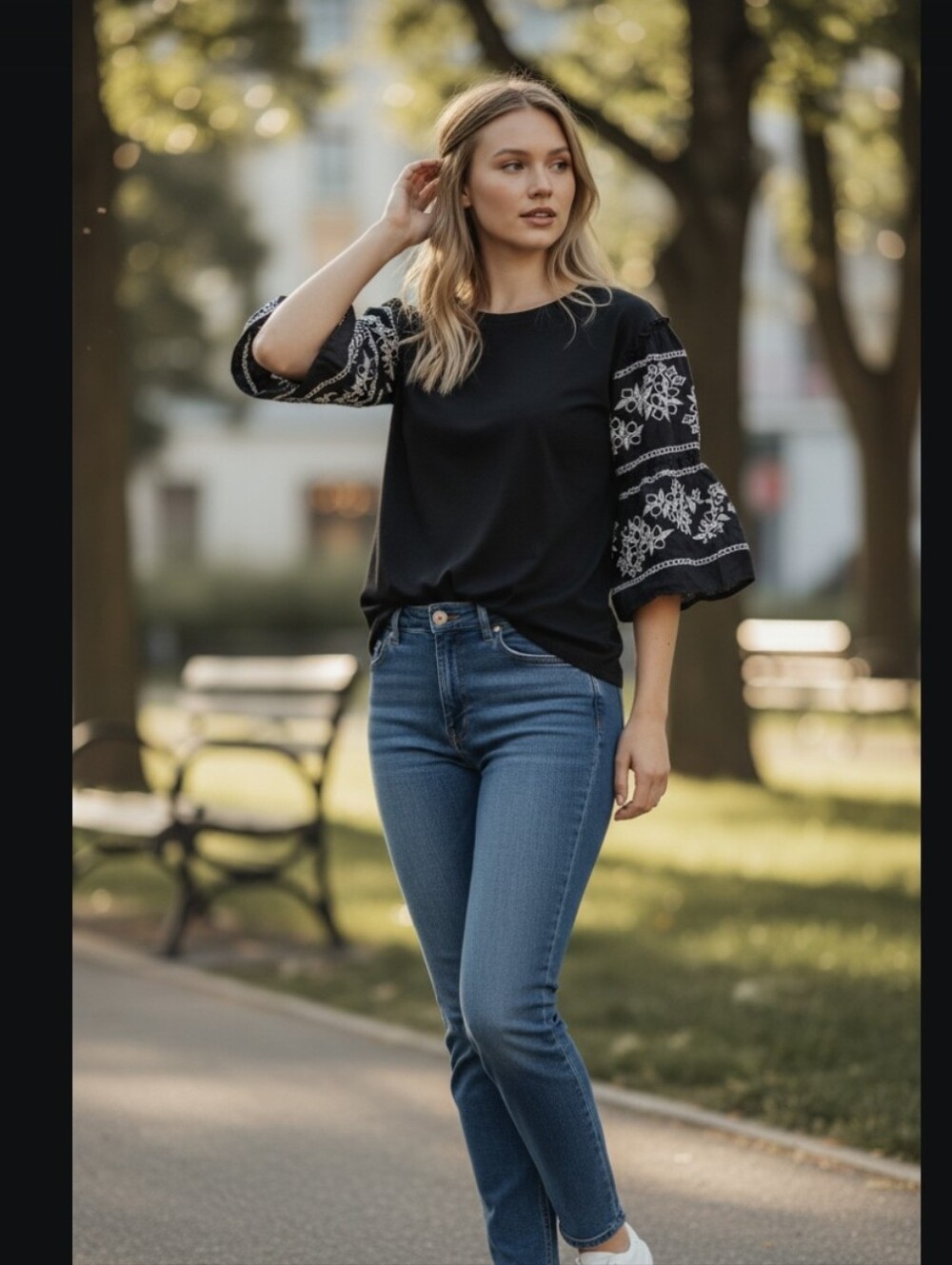 Chico's Navy & White Embroidered Bell Sleeve Top